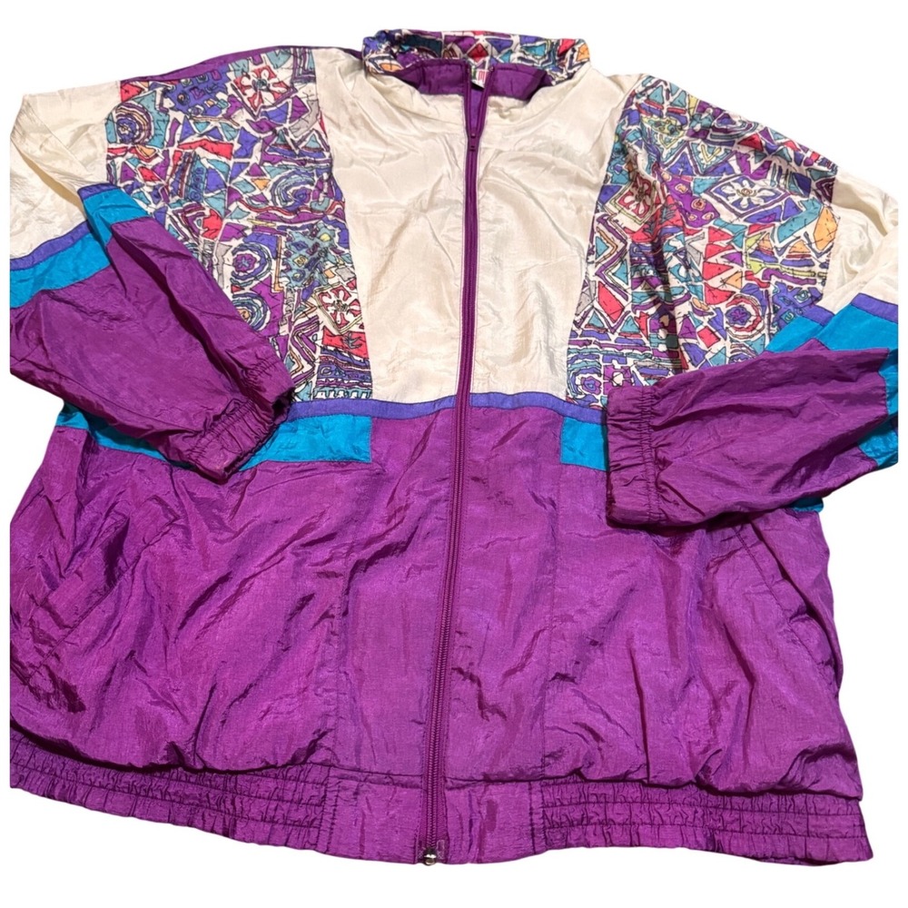 90s Bold Spirit Windbreaker Jacked Geometric Print Nylon Full Zip XL